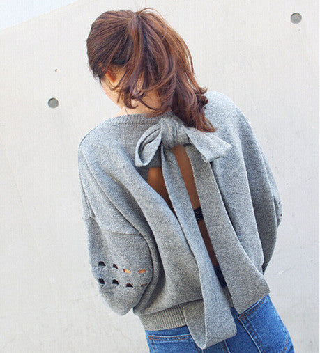 Backless Bow Tie Hollow Knit Pullover Sweater - Meet Yours Fashion - 2