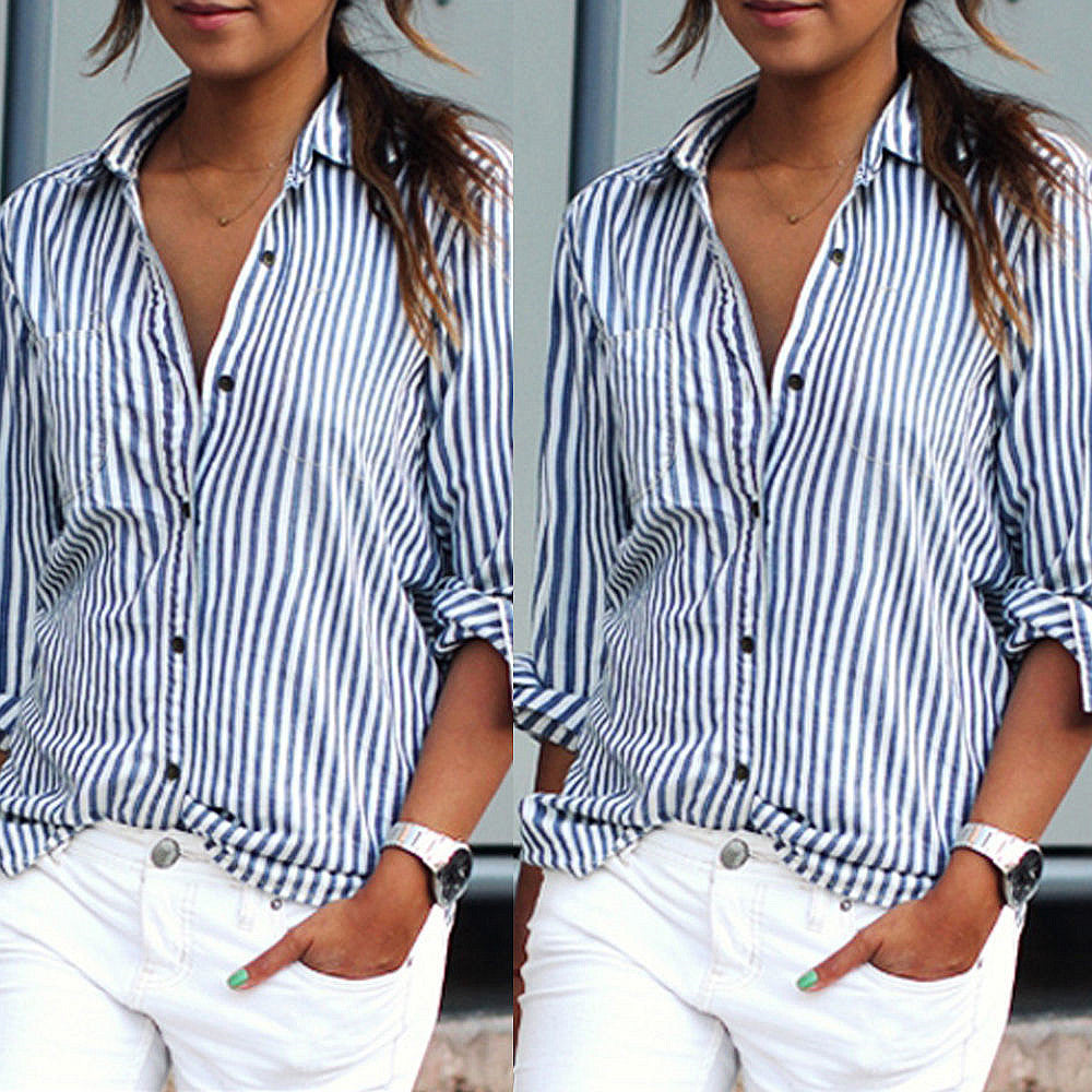Striped Turn-down Collar Long Sleeves Casual Plus Size Blouse - Meet Yours Fashion - 2