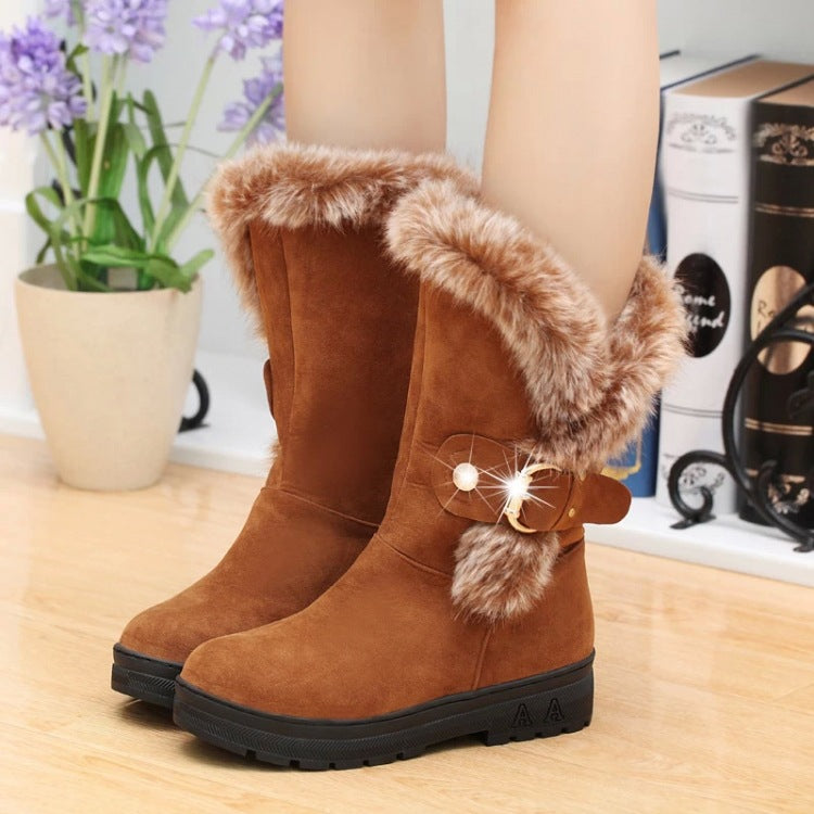 Faux Fur Decorate Round Toe Chunky Heel Long Snow Boots
