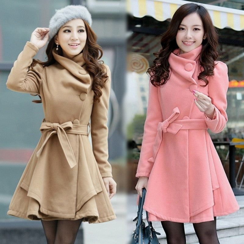 Stand Collar Belt Solid Cope Long Slim Coat - Meet Yours Fashion - 2