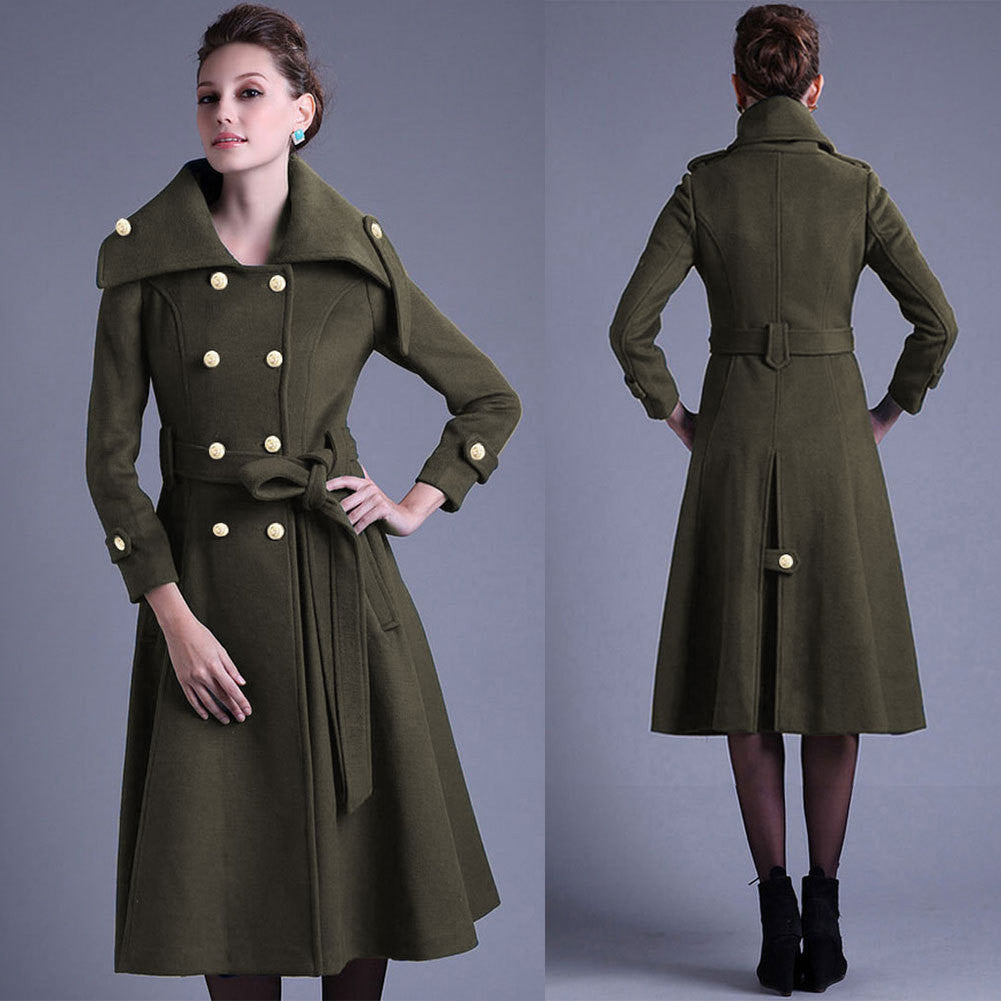 Stand Collar Button Belt Pleated Long Coat - Meet Yours Fashion - 4