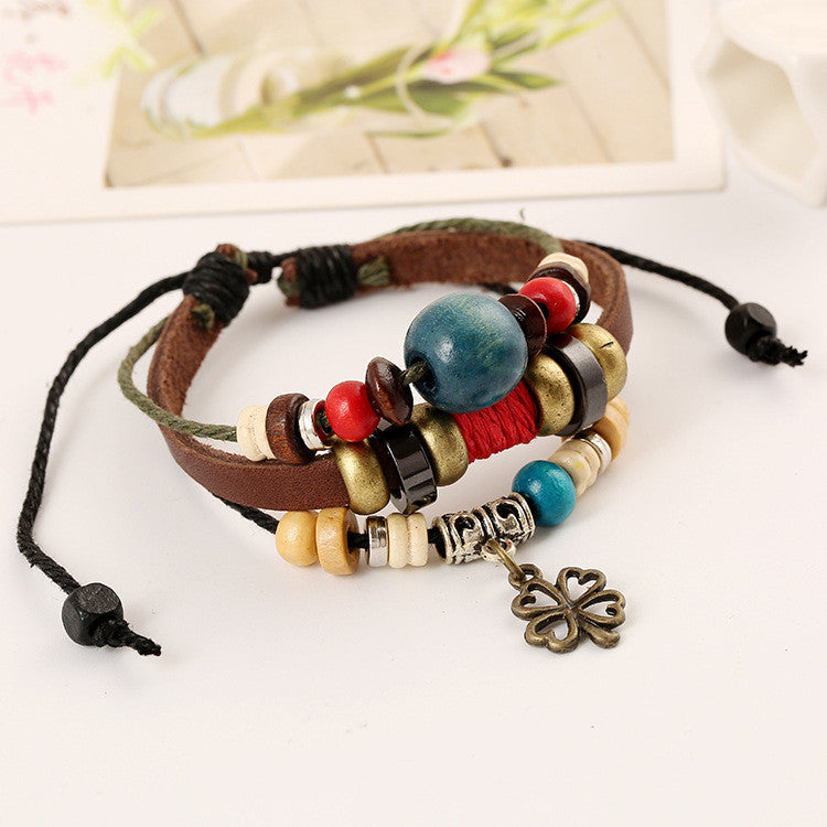 Clover Pendant Color Beads Leather Bracelet