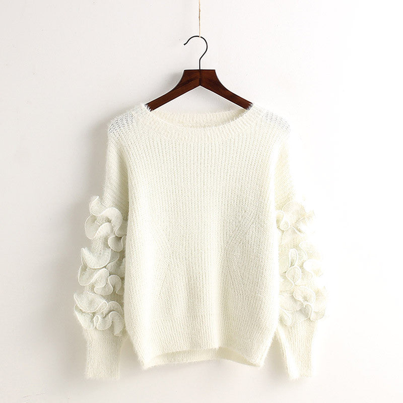 Petal Sleeve Embroidery Solid Color Pullover Sweater