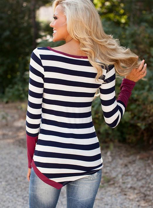 Striped Scoop Long Sleeves Patchwork Navy Irregular T-shirt - Meet Yours Fashion - 4