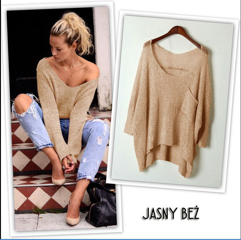 V-neck Asymmetric Solid Color Pullover Sweater - Meet Yours Fashion - 3