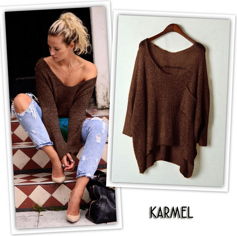 V-neck Asymmetric Solid Color Pullover Sweater - Meet Yours Fashion - 6