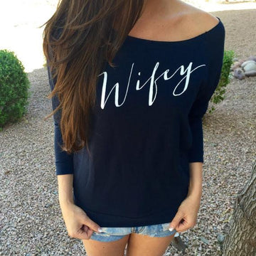 Letter Print Long Sleeves Scoop T-shirt - Meet Yours Fashion - 2