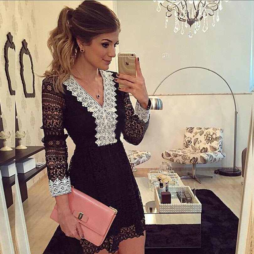 Hollow Out Long Sleeves Lace Little Black Party Dress - MeetYoursFashion - 1