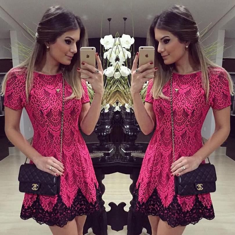 Scoop High-waist Splicing Short Lace Red Dress - Meet Yours Fashion - 1