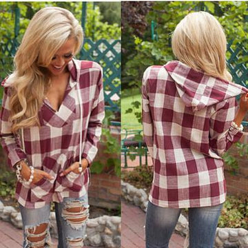 Hooded Deep V-neck Pocket String Casual Plaid Blouse - Meet Yours Fashion - 2