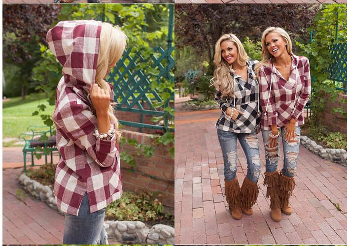 Hooded Deep V-neck Pocket String Casual Plaid Blouse - Meet Yours Fashion - 4