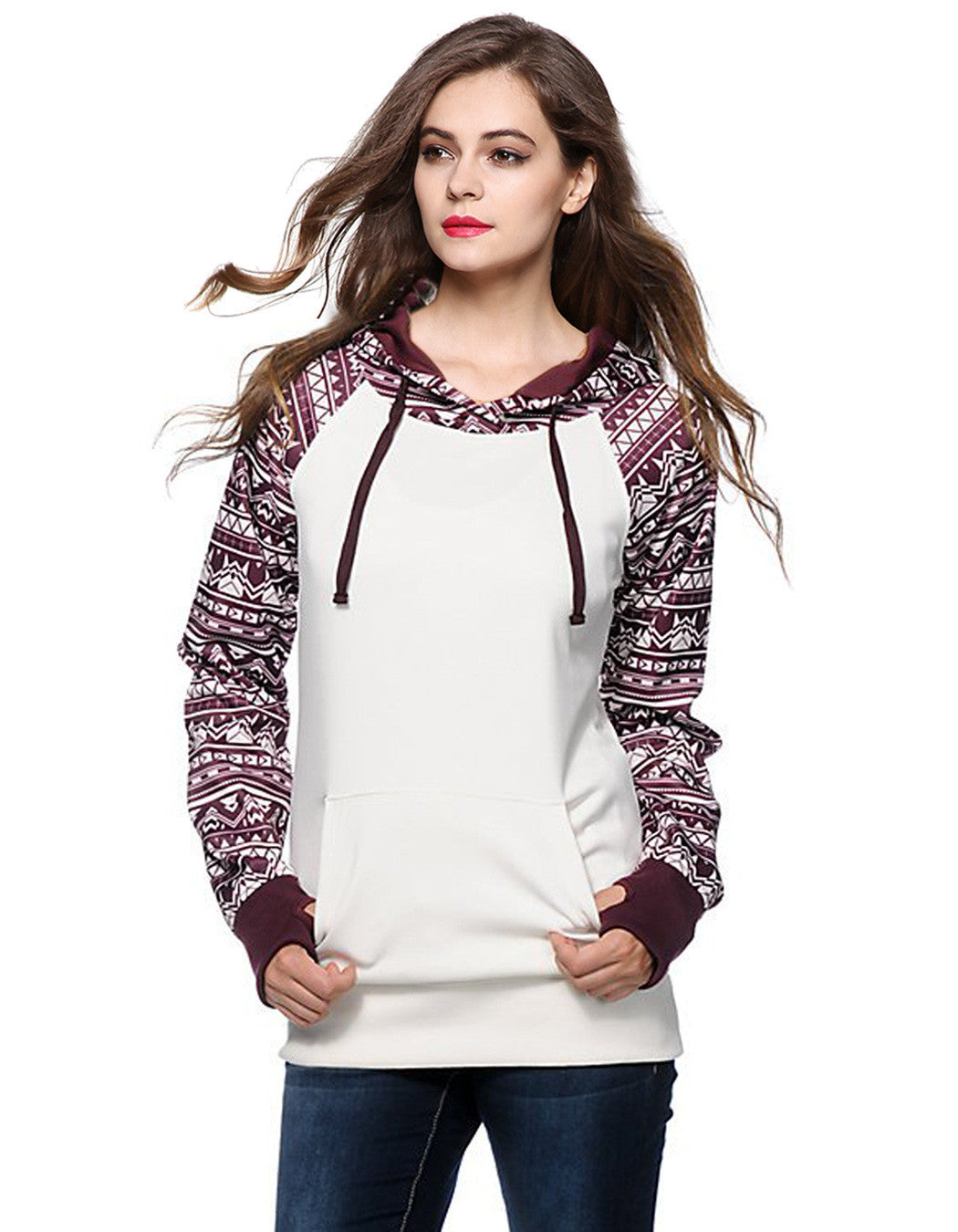 Print Pullover Hooded Pocket Splicing Long Sleeves Hoodie - Meet Yours Fashion - 1