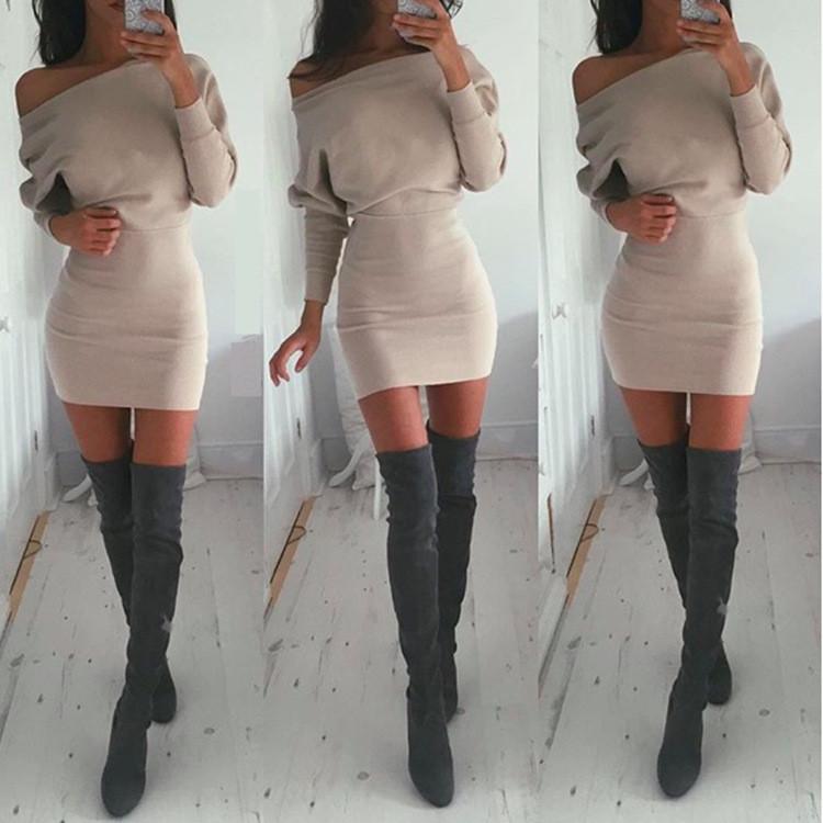 Clearance Bodycon Boat Neck Long Sleeves Short Dress
