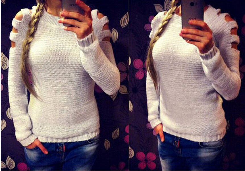 Cold Shoulder Slim Solid Round Neck Short Pullover Sweater - Meet Yours Fashion - 3