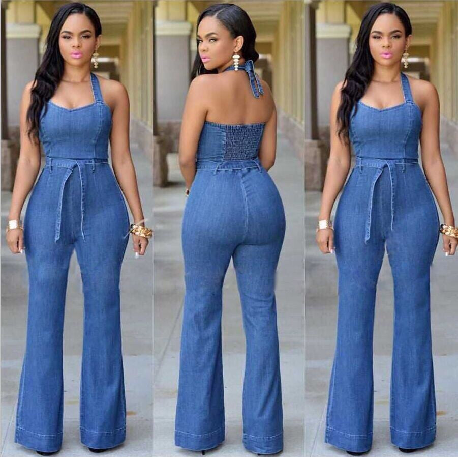 Halter Bell-bottoms Sheath Backless Pure Denim Jumpsuits - Meet Yours Fashion - 1