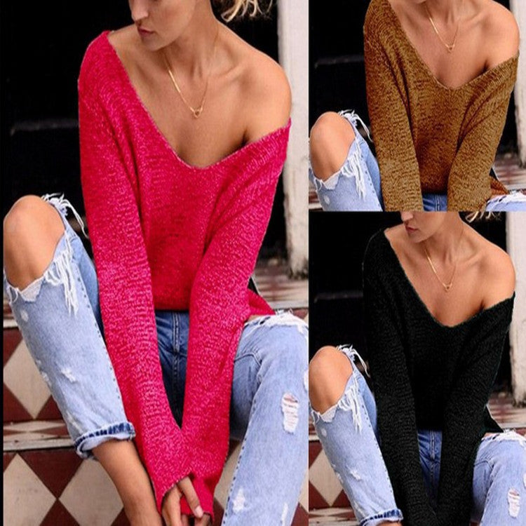 V-neck Asymmetric Solid Color Pullover Sweater - Meet Yours Fashion - 2