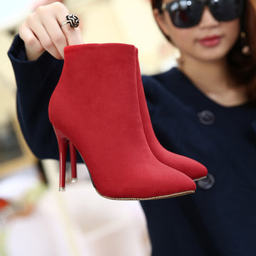 Candy Solid Color Stiletto Heel Pointed Toe Zipper Ankle Boots