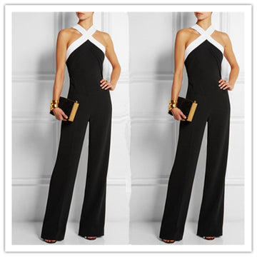 Elegant Patchwork Brief Halter Long Sleeveless Jumpsuits - Meet Yours Fashion
