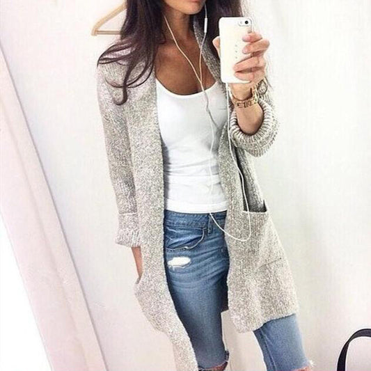 Fashion Long Cardigan Splicing Solid Color Sweater - Meet Yours Fashion - 2