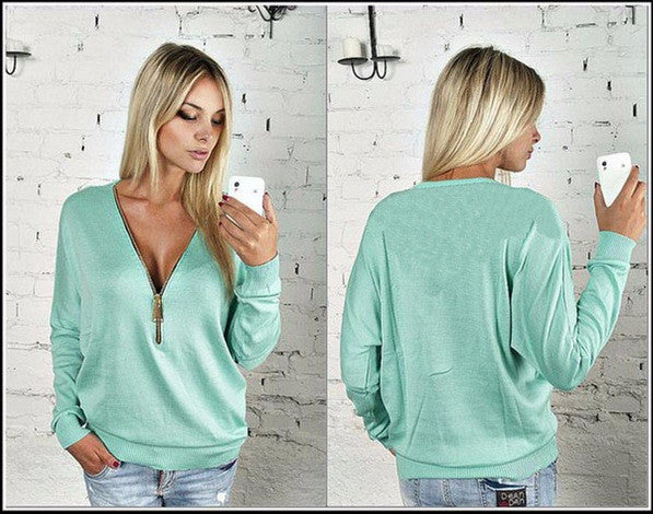 Deep V-neck Zipper Long Sleeves Casual Loose Bat-wing Sleeve Blouse - Meet Yours Fashion - 6