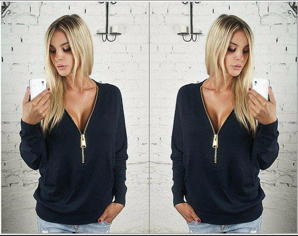 Deep V-neck Zipper Long Sleeves Casual Loose Bat-wing Sleeve Blouse - Meet Yours Fashion - 2