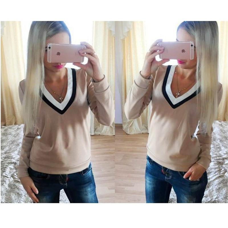 Double V-neck Patchwork Long Sleeves Sheath Slim Blouse - Meet Yours Fashion - 4