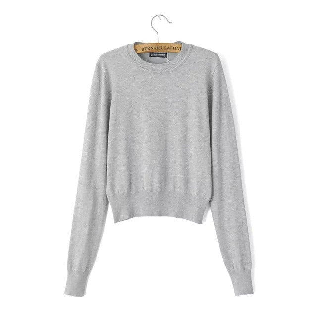 Pure Color Long Sleeves Scoop Short Crop Sweater