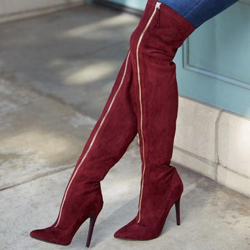 Sexy Wine Red Suede Zipper High Heel Over Knee Boots