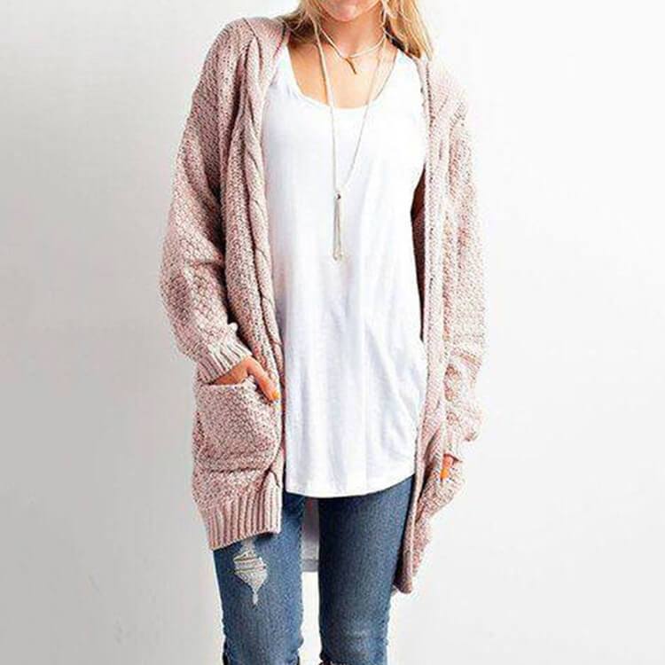 Oversized Cable Knit Pockets Cardigan