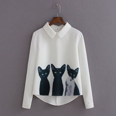Three Cats Flower Print Turn-down Collar Pullover Blouse