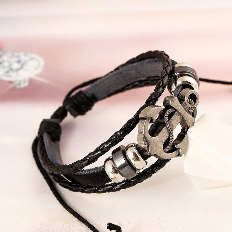 Fashion Beaded Anchor Leather Bracelet