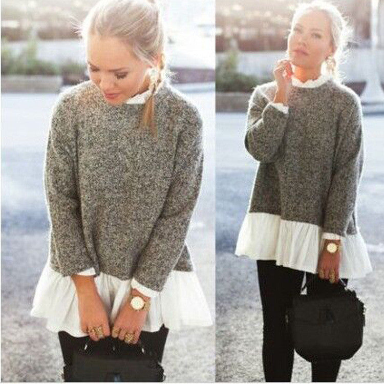 Collar Splicing Solid Color Knit Lace Sweater - Meet Yours Fashion - 2