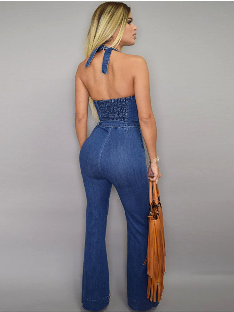 Halter Bell-bottoms Sheath Backless Pure Denim Jumpsuits - Meet Yours Fashion - 3
