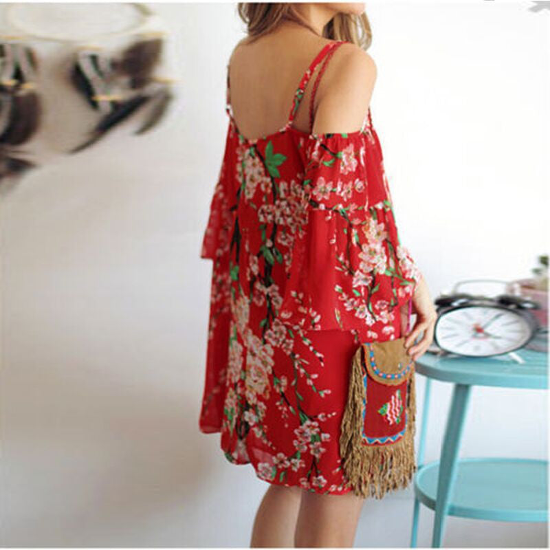 Spaghetti Strap Print Off Shoulder Short Sleeve Short Dress - Meet Yours Fashion - 3
