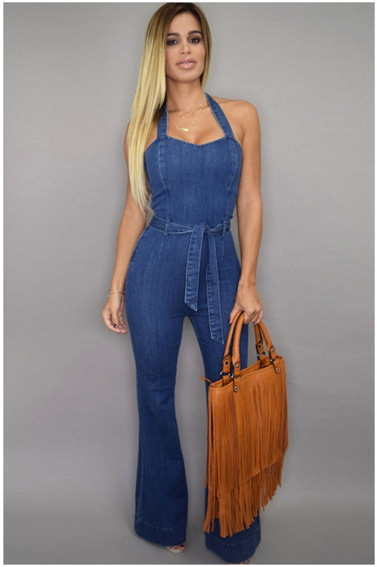 Halter Bell-bottoms Sheath Backless Pure Denim Jumpsuits - Meet Yours Fashion - 2