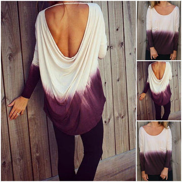Gradually Changing Colors Backless Loose Long Sleeves Blouse - Meet Yours Fashion - 2