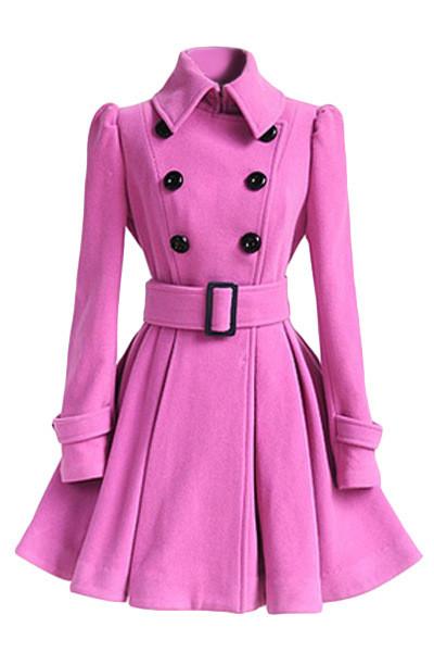 Clearance Flared Hem Turn-down Collar Slim Double Button Wool Coat With Belt on