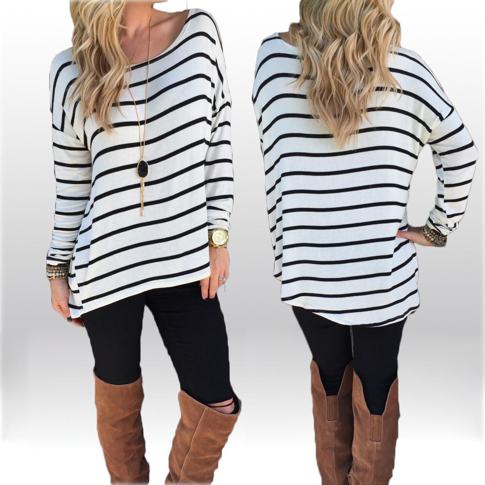 Clearance Striped Long Sleeves Scoop Casual Long Blouse