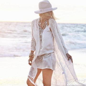 Clearance White Lace Tassels Long Cover Up Beach Cardigan Dress