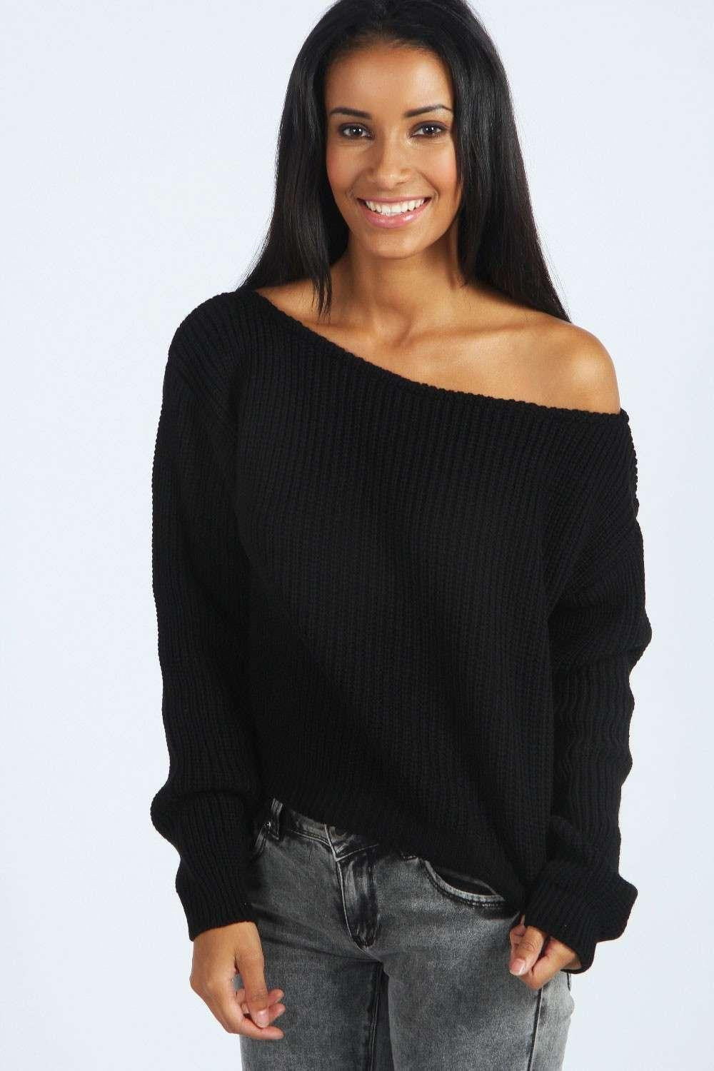 Off Shoulder Pullover Knit Loose Pure Color Sweater - Meet Yours Fashion - 1