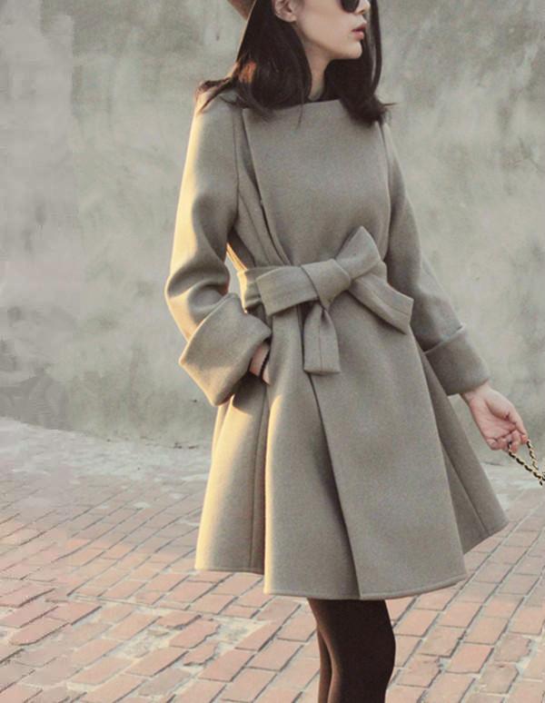 Scoop Bowknot Long Sleeves Slim Casual Woolen Coat - Meet Yours Fashion - 1