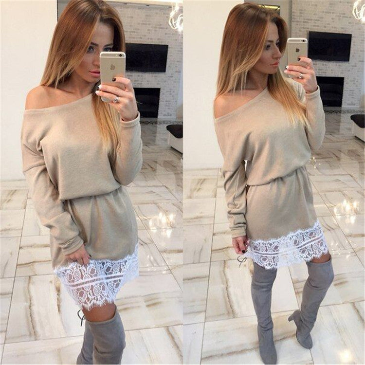 Splicing One Shoulder Long Sleeves Short Dress - Meet Yours Fashion - 2