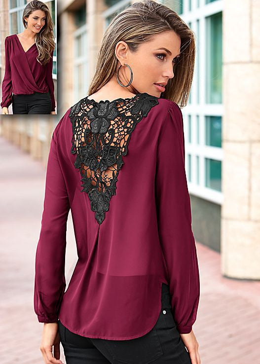 Backless Lace Patchwork V-neck Long Sleeves Chiffon Blouse - Meet Yours Fashion - 1