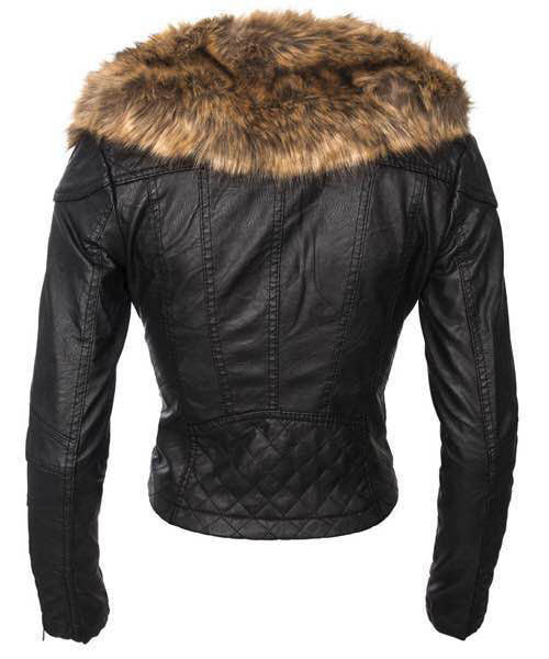 Black Faux Fur Collar Oblique Zipper Crop PU Jacket
