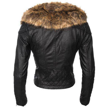 Black Faux Fur Collar Oblique Zipper Crop PU Jacket