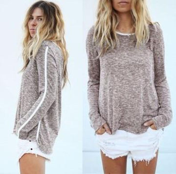 Clearance Scoop Long Sleeves Casual Striped Loose T-shirt