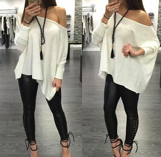 Sexy Scoop Long Sleeve Pure Color Casual Loose Blouse