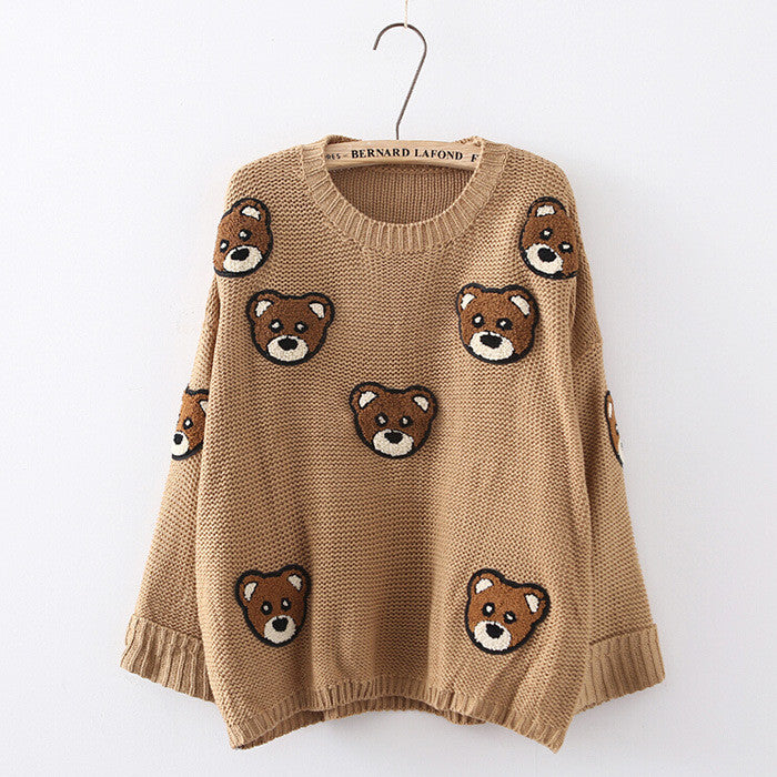 Bear Print Scoop Pullover Loose Knit Sweater - Meet Yours Fashion - 2