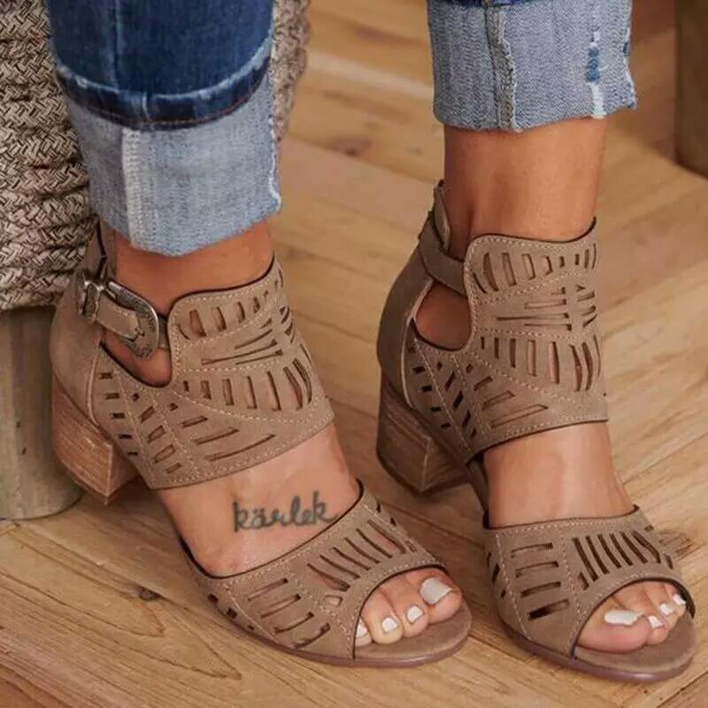 Peep Toe Cutout Leather High Chunky Heel  Sandals