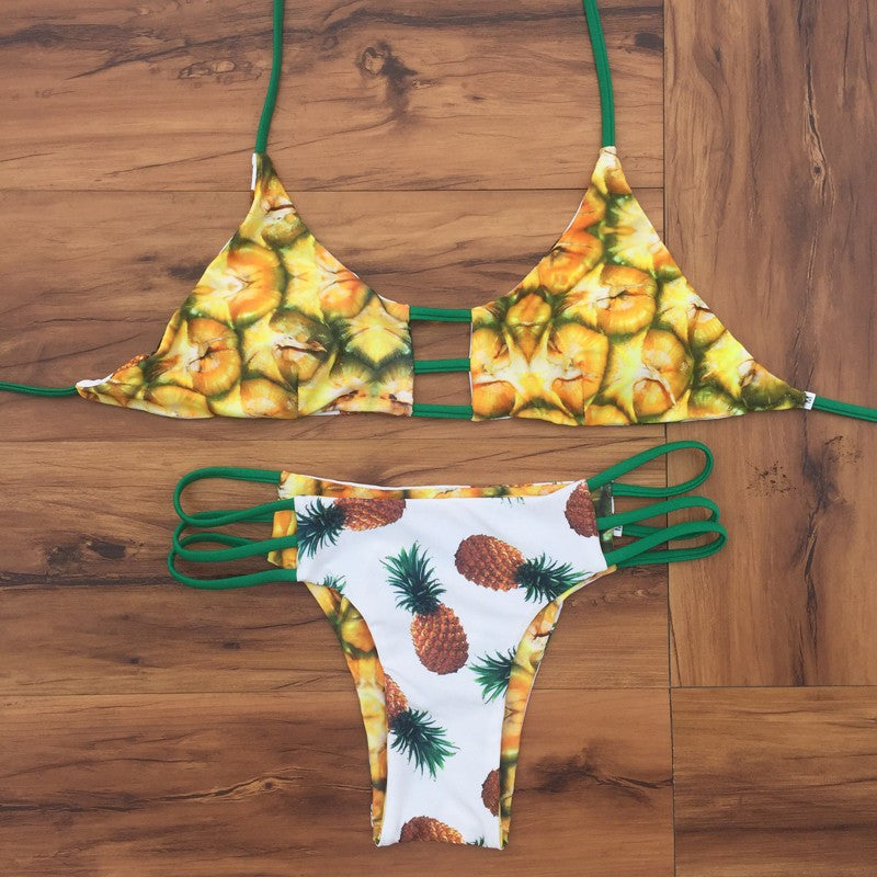 Pineapple Print Straps Hollow Out Halter Bikini Set